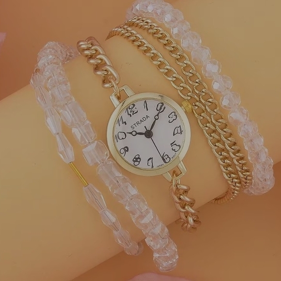 NWOT Strada  Bracelet Watch in Goldtone w/ White Glass Beads - Picture 1 of 4